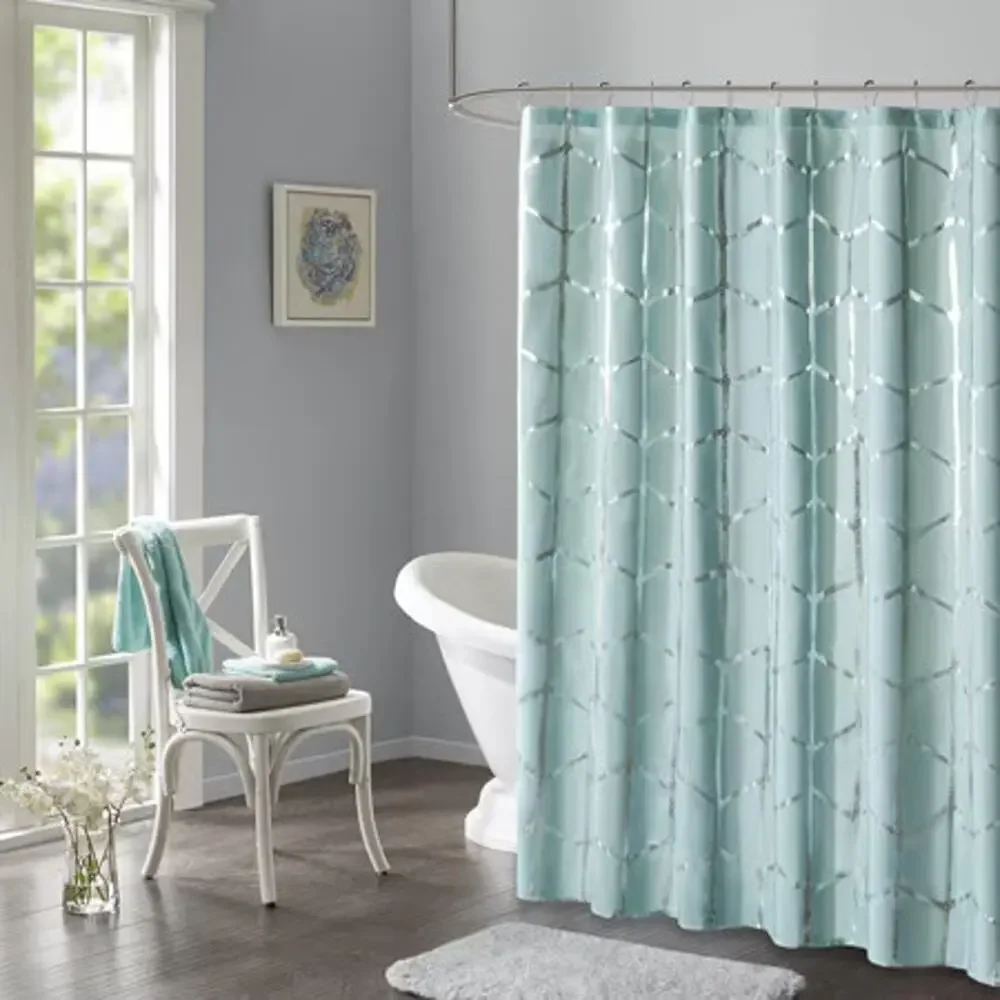 Intelligent Design Arielle Aqua Metallic Geometric Microfiber Shower Curtain